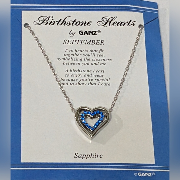 NEW September Sapphire 18K White Gold Pl Double Heart Spinner Pendant Necklace - Picture 2 of 9